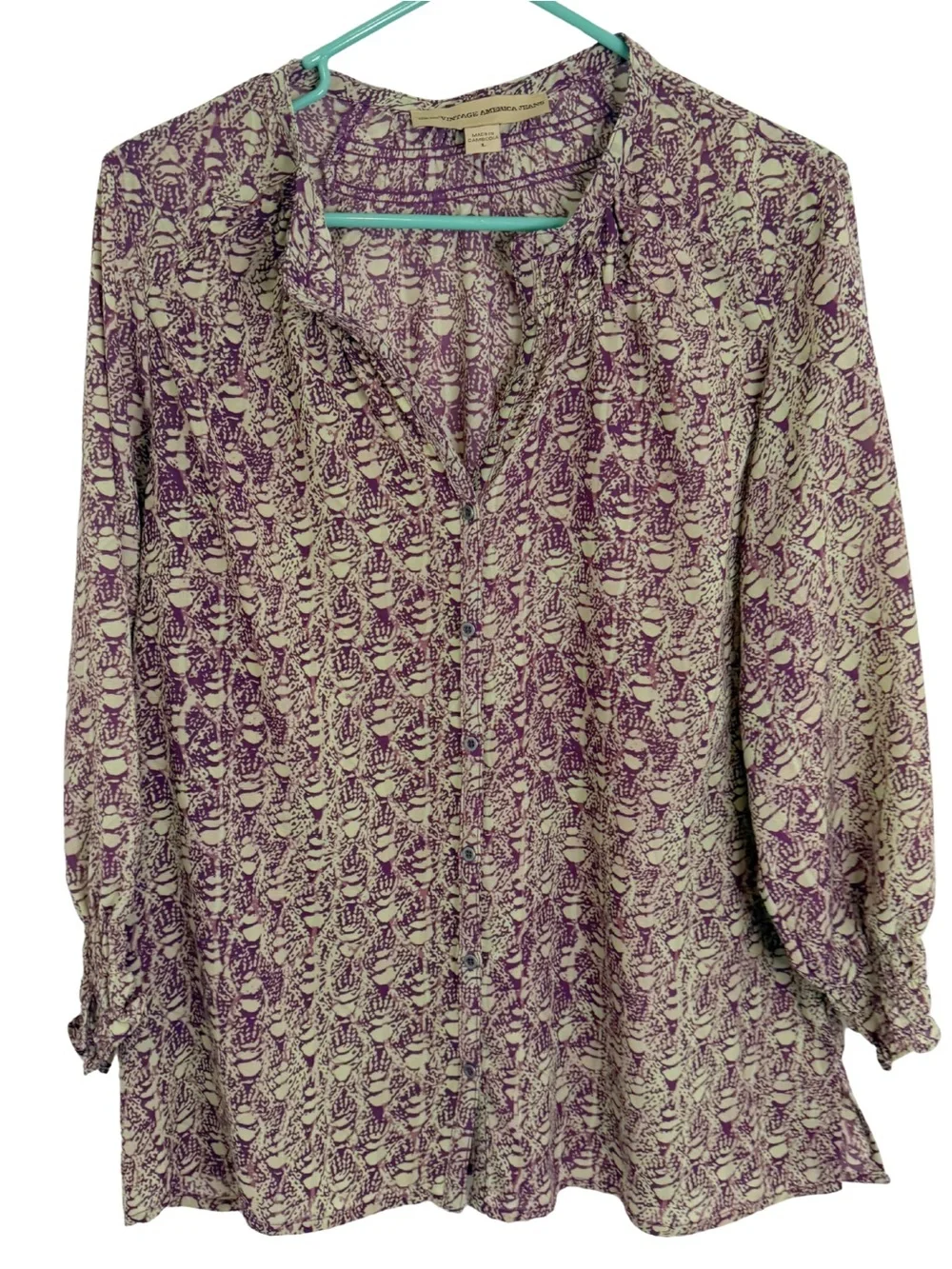 Vintage America Abstract Print 3/4 Sleeve Button Down Blouse Size Large